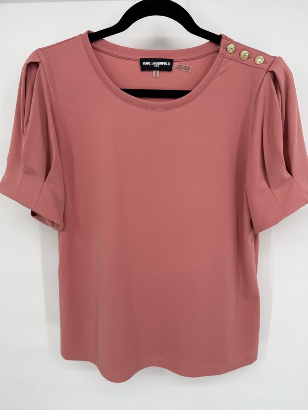 Karl Lagerfeld Paris Pleated Puff Sleeve Button Shoulder Blouse Short Sleeve Top